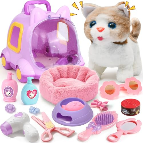 Walking Cat Toys for Kids, Interactive Robot Cat Plush with Carrier Bed & Grooming Feeding Playset, Electronic Pet Kitten Meow Wagging Tail, Pretend Play Toys Gifts for 3 4 5 6 7 8 Years Old Girls