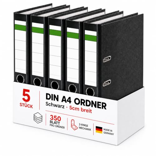 Conipa Ordner A4 Breit 5 cm, 5 Stück, Schwarz, für bis zu 350 Blatt | Robuste Aktenordner mit 2-Ring-Hebelmechanik, Griffloch und Recyclingkarton – für Büro, Schule & Homeoffice, Made in Germany