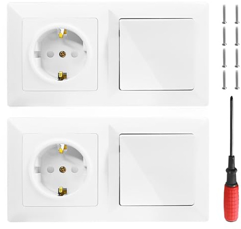 2er Lichtschalter-Steckdosen Kombination 230V 16A Schalter und Steckdose | 2-Fach Einbau Schutzkontakt Steckdose Wechsel-Schalter mit Rahmen für Wonhzimmer Küche