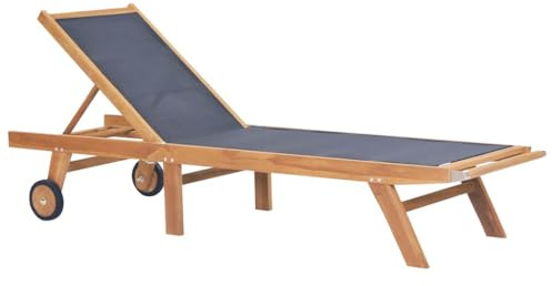 Runheo Solstol vikbar av teak massivt trä med textilöverdrag, justerbart ryggstöd, hjul och handtag, väderbeständig trädgårdsstol för terrass, balkong, poolområde, ergonomisk relaxstol