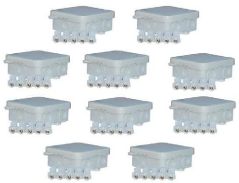 ESR 10 X IP44 Waterproof 65 x 65 x 30mm Grey Junction Boxes with 5 Way 15 Amp Connector Strip & 6 Cable Entry Points