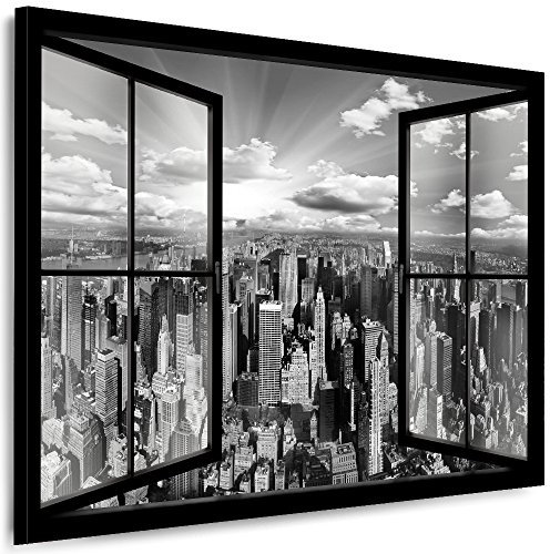 Julia-Art Leinwandbilder Skyline - New York Bilder - XXL Wandbild mit Keilrahmen - 40 mal 30 cm - Querformat 1 teilig Kunstdrucke Stadt NY City Statue, Brücke Fensterblick N-c-100-a-1