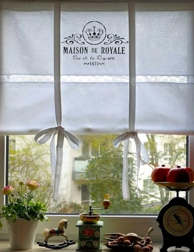 Leinenshop24 Landhaus Gardine Weiß mit Spitze 100% Öko Baumwolle 100x100 cm Raffrollo Shabby Chic Retro Vintage Lola