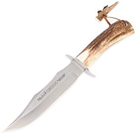 Muela Cuchillo de caza GRED-17 con hoja de acero inoxidable ACX-380 de 17 cm y empuñadura de asta de ciervo para Caza, Pesca, Supervivencia y Bushcraft + Portabotellas de regalo