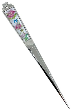 Decorative Envelope Paper Letter Opener with Mother of Pearl Antique Design Silver Steel Office Knife Hand Cutter Blade (Peony)