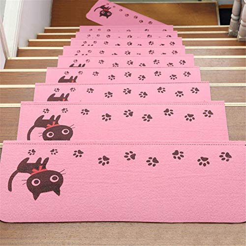JLCP rutschfeste Stufenmatten, Lustige Kleine Katze Selbstklebender Treppenstufen Teppich Weich Und Bequem Stufen Teppiche Protector Matten,55 X 20,5 cm,Frei Schneiden,Rosa,4pcs