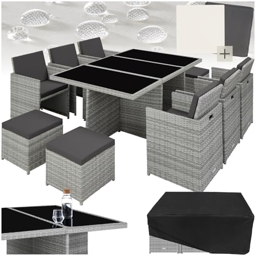 tectake® Polyrattan Gartenmöbel Set, Sitzgruppe mit 6 Stühle + 1 Glasplatte Tisch + 4 Hocker, Gartenlounge Set klappbar mit Aluminium Gestell, 10 Personen, Balkon Möbel, inkl. 2 Bezugsset - hellgrau