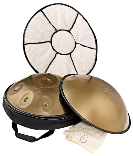 Sonic Energy Sensory Handpan, D-Kurd, 9 Töne, Gold (HPSTL90) | 440 Hz, Durchmesser 22 Zoll, 56 x 56 x 23 cm, Inkl. Tasche, Hülle, Schutzdeckel, Handschuhe und 2 Sound Tubes, Edelstahl