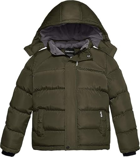 Wantdo Pojkar vinter varm fleece rockar förtjockad bomull vadderad jacka klassisk vindtät quiltad parkas rockar utomhus huvjacka, Grön, 140/146 cm