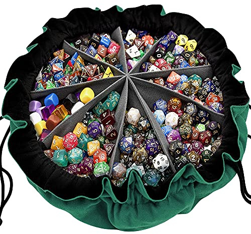 SIQUK Large Dice Bag with Pockets Big Capacity Dice Bag Drawstring Dice Pouch DND Dice Storage Bag for RPG MTG Table Games, Hold Over 300 Dice, Dark Green