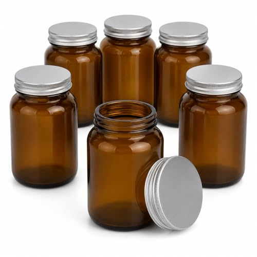 6 Pcs Amber Glass Jars - 250ml Wide Mouth Container for Storage with Airtight Aluminium Lids – Multipurpose, UV Protective - Ideal for storing herbs, spices, health supplements, small crafting items
