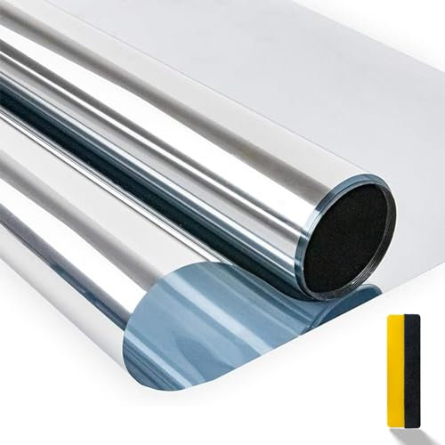 Zindoo Pellicola a specchio per finestra dall'interno, trasparente dall'esterno, opaca, 59,5 x 200 cm, protezione solare, autoadesiva, protezione UV, per finestre, colore argento