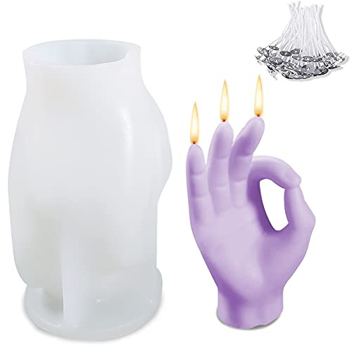 jiuzcare Molde de Silicona para Velas 3D Gesto OK, Molde con Gesto de Mano Reutilizable para Hacer Velas con 50 Mechas, para Cera de Soja, Cera de Abeja, Parafina, Jabón, Resina, Yeso y Manualidades