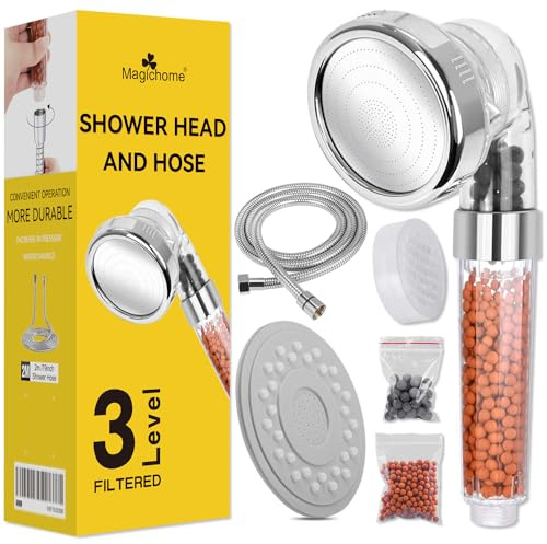 Magichome 3-Layer Filter Shower Head and 2M Hose, 3 Spray Modes | Universal High Pressure Filter Showehead for Low Water Pressure with Replaceable Beads