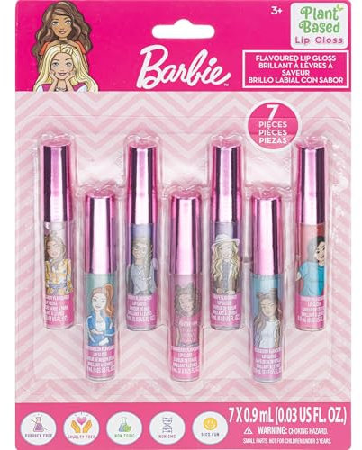 Barbie 7 Piece Plant Based Lip Gloss, Girls Party Favours, First Makeup Set for Girl, Perfect for Parties, Sleepovers and Birthday Gifts, Ages 3+, by Townley Girl