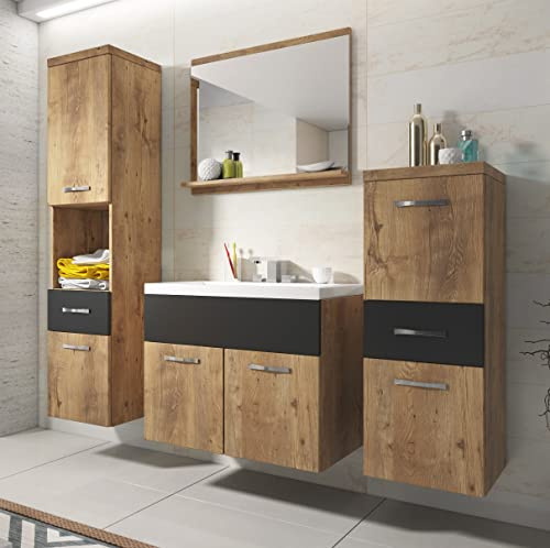 PIASKI Set di mobili da bagno Alba, set di mobili da bagno, lavabo incluso, mobili da bagno sospesi, colori assortiti (castagno/nero opaco), Taglia unica