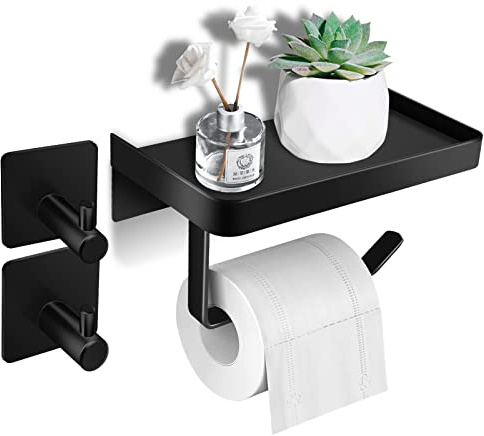 Wenearn Toilettenpapierhalter Ohne Bohren, Klorollenhalter aus Edelstahl in Schwarz Matt, Toilettenpapierhalter mit Ablage, Toilet Paper Holder-Set mit 2 Haken für das Badezimmer Deko