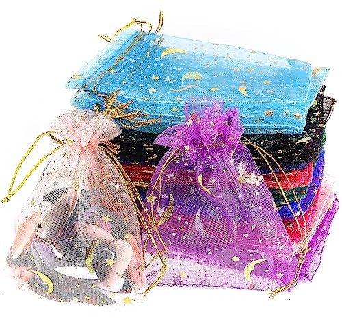 100 Stück Organzasäckchen 9 x 12cm Bunt Kleiner Organza Säckchen Mond Stern Schmuck Geschenkbeutel Valentinstag Hochzeit Weihnachten Party Süßigkeiten Schmuckbeutel