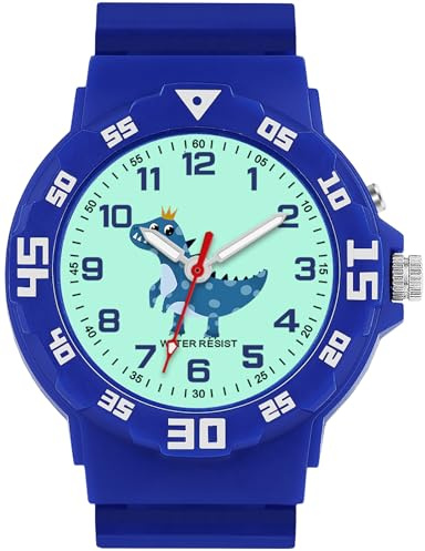 TENOCK Reloj Analógico Niños con Correa Suave: Diseño Dinosaurio/Unicornio, Luz Nocturna, Resistente al Agua 30M y Fácil de Leer para Edades 4-12 Años (Azul)