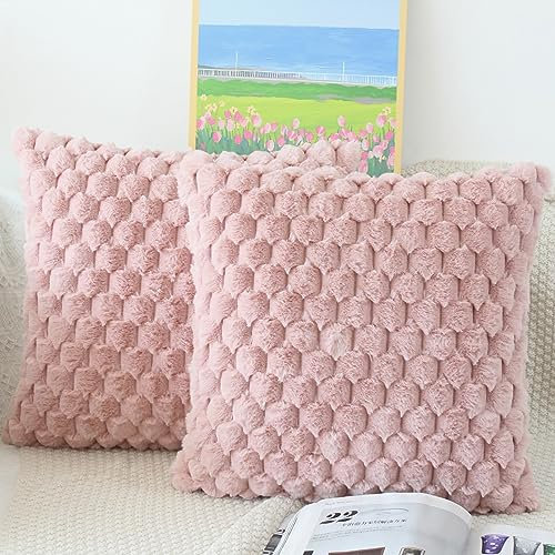 NIULAA 2 Piezas Fundas Cojines 50x50 Rosa Fundas de Cojín Piel Sintética Funda Cojines Felpa Esponjosa Funda Almohada Cuadradas Decorativos Funda Cojine Sofa con Cremaller