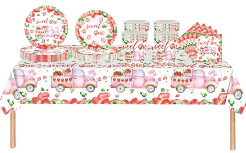 COSORO 69 Pezzi Set Stoviglie per Feste Compleanno,Fragola Piatti Tazze Asciugamani di Carta Tovaglia Plastica Stoviglie Monouso Biodegradabili,Decorazione Desktop per Feste di Compleanno Ragazza