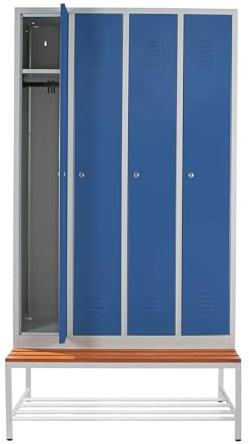Schrank & Stuhl Spind – Metallspind mit 4 Abteilen und Sitzbank mit Schuhrost - 30 cm Abteilbreite, 220 x 117 x 80 cm, Schließfachschrank mit Hutboden & Zylinderschlössern, Grau/Blau