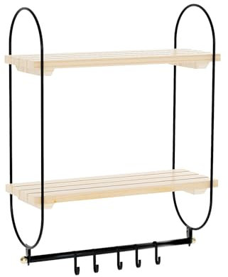 Wandregal Küche Organizer Wandregal 2 Etagen mit Haken Holz Golden Farben Metallrahmen Regal Wand Hängeregal Küchenregal Schweberegal Regale für Wände Küche