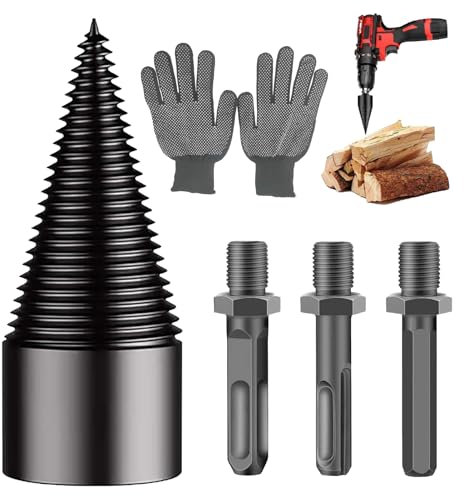 Festberg Fendeur de bois 42 mm, fendeur conique avec 3 poignées de perçage et 1 paire de gants, fendeur de bois, fendeur de bois, pour toutes les perceuses, coupe-bois, jardiniers et bûcherons