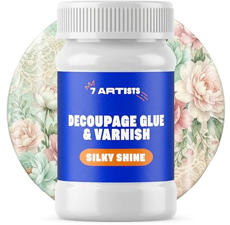 7 Artists Barniz y Cola Decoupage Satinado 100 ml – Cola para Decoupage Transparente para Papel de Arroz, Servilletas | Pegamento para Decoración Madera, Vidrio, Cerámica y Manualidades