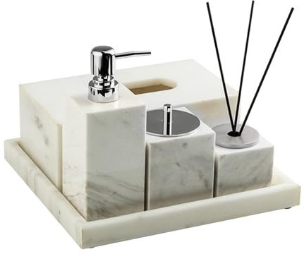 Handseifenspender 5-teiliges Luxus-Marmor-Badezimmerzubehör-Set. Marmor-Seifenspender-Set, 1 Lotionspender, 1 Taschentuchbox, 1 Zahnstocher-Organizer, 1 Aromatherapie-Flasche und 1 Tablett, perfekt fo
