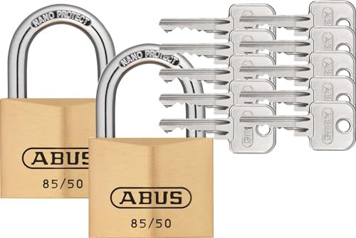 ABUS Vorhängeschloss Messing 85/50 2er Set mit 10 Schlüssel gleichschließend in Schließung 2747 - gehärteter Stahlbügel, nano protect - wetterfest