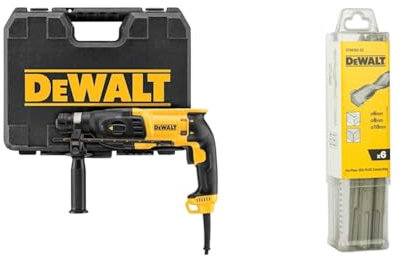 DeWalt D25133K Perforateur Sds-Plus 3 Modes - 26 mm Filaire - 800W - Vitesse à Vide 0-1500 tr/Min & Jeu de 6 Forets SDS-PLUS - DT60302-QZ - Forets Ø6mm x2, Ø8mm x2; Ø10mm x2 - Perçage Béton