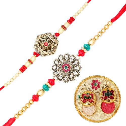 Set of 2 Rakhi For Brother Rakhi for Bhai Bhaiya Veera Rakhi Thread Bracelet Dora for Raksha Bandhan gift pack with Tilak Holder Copra Kumkum Plate Platter for Puja Indian Traditional Festival Rakhi