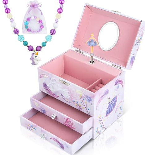 Anyiner Ballerina smyckeskrin för flickor, speldosa för barn med roterande ballerinaskor, 2 lådor och enhörningssmycken, musiklåda, present för barn, flickor