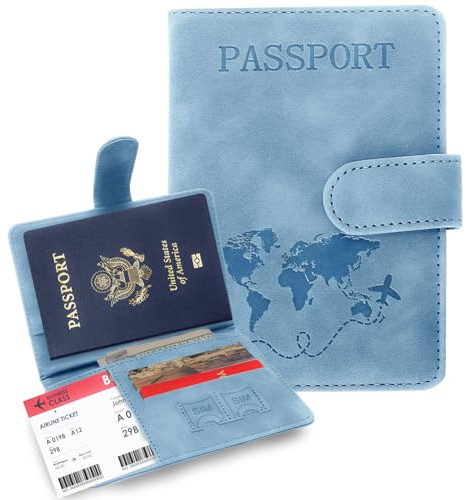 Sovirose Passport Holders, RFID Blocking Credit Card Holder, PU Leather Vaccine Card Holders for Travel with Magnetic Buckle, Travel Must Haves Cruise Ship Essentials for Men, Women (Blue)