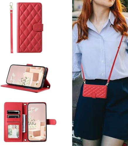 ESONG Portefeuille Coque pour iPhone 16 avec Cordon,Etui en Cuir PU Flip Folio Housse,Crossbody Case pour Fille avec Magnétique,béquille,Fentes de Cartes Rouge
