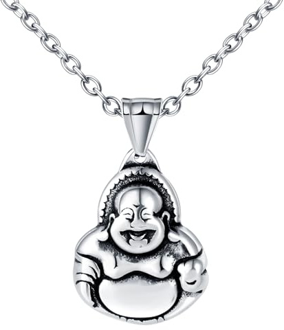 INFINIONLY Herren Edelstahl Buddha Halskette, Kreativer Maitreya Buddha Ketten Anhänger mit 55cm Kette, Vintage Religiöse Schmuck Glücksbringer Accessoires, Amulett Dekoration