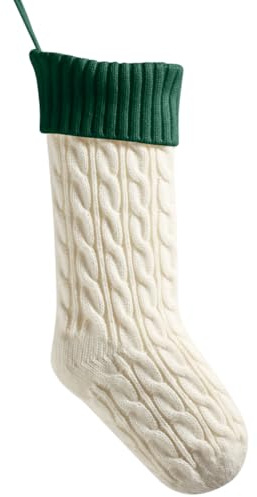 meioro 46cm Große Weihnachtsstrumpf, Kabel Gestrickt Nikolausstrumpf für Kinder, Klassische Weihnachtsstrümpfe Kamin Hängende Strümpfe für Familie Urlaub Party Dekorationen (Top Grün+Bottom Weiß)