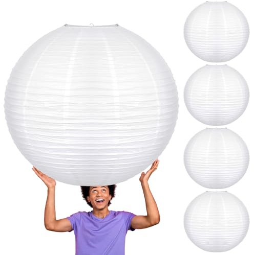 Glooglitter 5 Pcs 30 Inch Large White Paper Lanterns Gaint Chinese Moon Round Paper Lamp Japanese Jumbo Hanging Lanterns for Wedding Graduation Bridal Shower Birthday Party Supplies Decoration