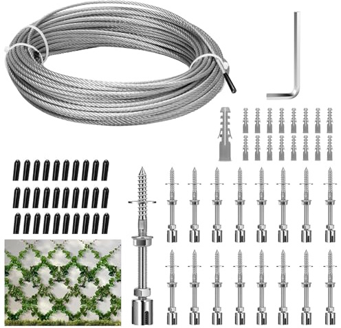 Hanured Rankhilfe aus Edelstahl für Kletterpflanzen, mit Wandhaltern und 3mm Stahlseil, Pflanze Die Rankhilfe Edelstahl(16 Halter, 24m Seil)
