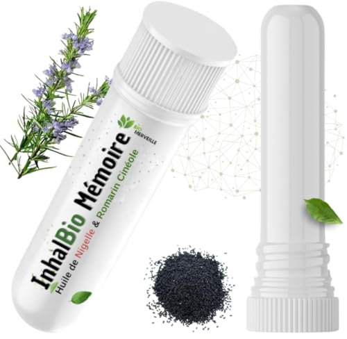 Inhalateur Boost Mémoire Naturel – Romarin Cinéole & Huile de Nigelle Bio – Améliore Concentration & Mémoire – Apaisant et 100% Naturel – Solution Naturelle pour Focus et Bien-Être - BioMerveille