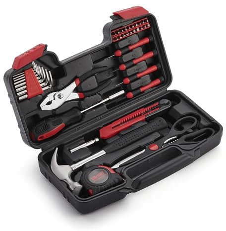 ALFKET Cassetta Attrezzi 39 Pezzi, Kit Attrezzi con Pinze Martello Chiavi Esagonali, Valigetta Attrezzi Fai Da Te Per Veicoli, Auto, Biciclette E Casalinghi Riparazioni Domestiche, Rosso