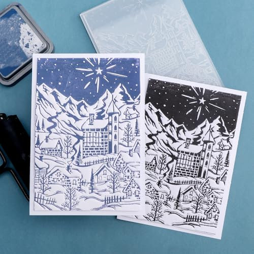 Weihnachts-3D-Prägeschablone für Kartenherstellung, Schnee-Berg-Schloss, Winter, Weihnachten, Kunststoff-Prägeschablone für DIY, Scrapbooking, Textur, Verblassen, Vorlage, Kunst, Handwerk,