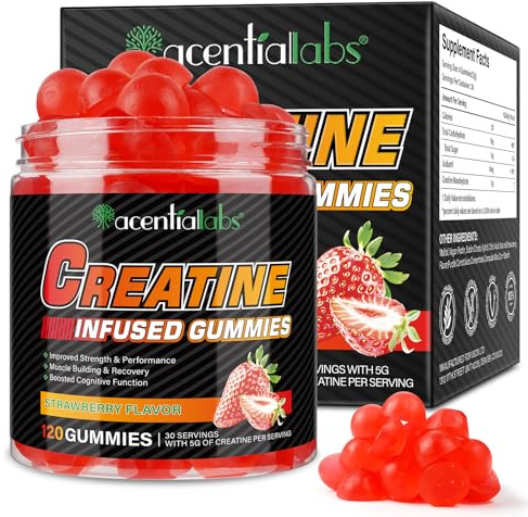 120 Creatin Ultra Gummis, Kreatin Gummibärchen 5000 mg, Kreatin-Monohydrat-Gummis mit B12 und L-Taurin, Fitness-Ergänzung, Zuckerfrei, Vegan, Erdbeergeschmack (120pc)