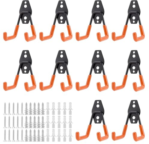 FUNSUEI 10 PCS Heavy Duty Double Garage Storage Hook, Wall Mounted Tool Storage Utility Hooks with Screw, for Garden Tools, Ladders, Bulky Items