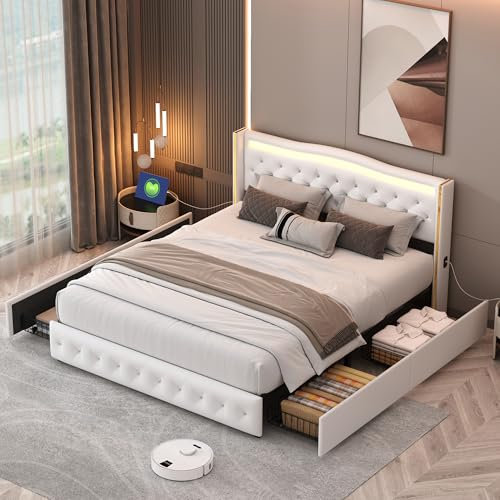 PerGar Luxuriöses weißes Bett 140 x 200 cm mit Beleuchtung und Kopfteil, mit vergoldeten Edelstahlstangen und 4 Schubladen, Modernes Bett aus weißem PU-Leder, Integrierte Ladefunktion (140x200cm)