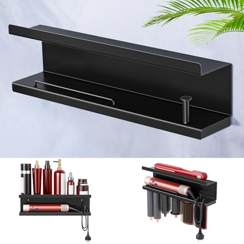 WAYASI Hair Dryer Holder Wall Mount, Straightener Holder for Curling Iron Styler Accessory, Adhesive drilling Hairdryer Straightener Holder Storage, Hair Tool Organiser Bathroom (Black)
