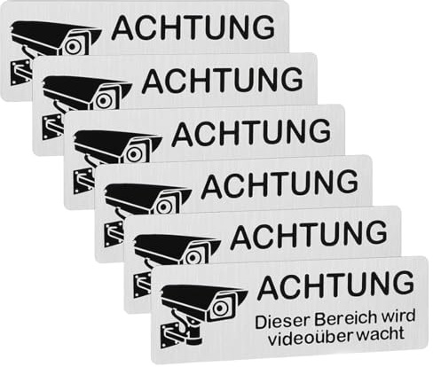 OUDQFCJ 6 Carteles de Videovigilancia, Autoadhesivos de Aluminio, Cartel Zona Videovigilada, Placa de Cámara de Vigilancia para Interior y Exterior, 85mm×30mm
