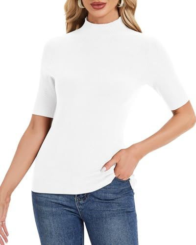 WOWENY Pullover Damen mit Stehkragen Halbarm Shirt Strickpullover Sommer Rollkragenshirt Weiß M