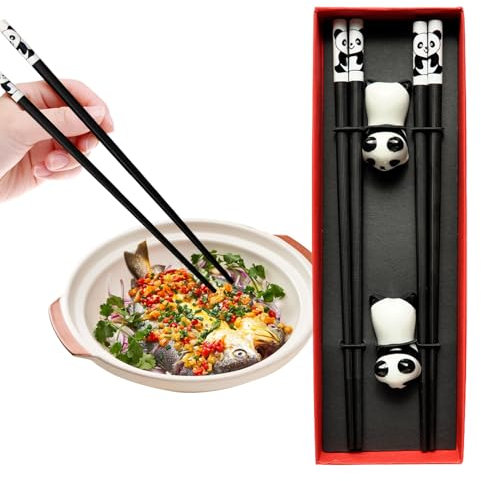Chopsticks - Chinese Chop Stick | Non-Slip Chop Sticks| Panda Reusable Chopstick Set with Ceramic Holders | 2 Pairs 9.4 Inch Chop Sticks Non-Slip, Dishwasher Safe for Home & Restaurant Use